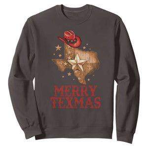 Christmas In Texas Sweatshirt Merry Texmas Santa Cowboy Hat TS09 Dark Chocolate Print Your Wear