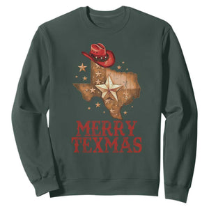 Christmas In Texas Sweatshirt Merry Texmas Santa Cowboy Hat TS09 Dark Forest Green Print Your Wear