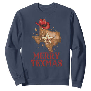 Christmas In Texas Sweatshirt Merry Texmas Santa Cowboy Hat TS09 Navy Print Your Wear