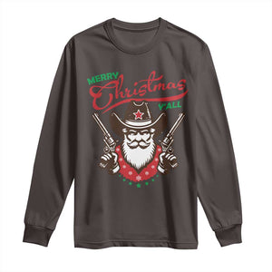 Merry Christmas Y'All Texas Cowboy Santa Long Sleeve Shirt TS09 Dark Chocolate Print Your Wear