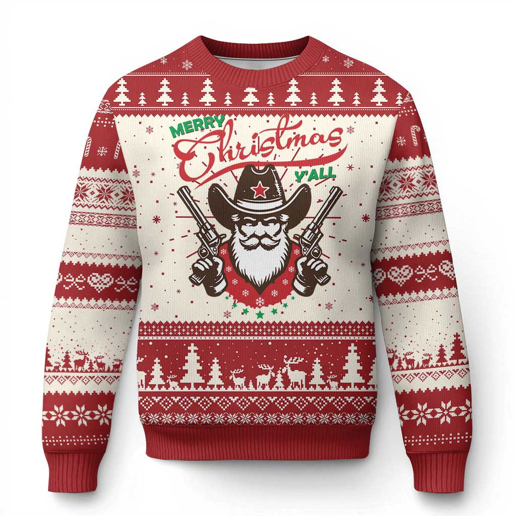 Merry Christmas Y'All Texas Cowboy Santa Ugly Christmas Sweater TS09 Red Print Your Wear