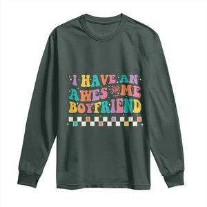 Valentine's Day Long Sleeve Shirt I Have An Awesome Boyfriend Ugly Heart Retro Groovy TS09 Dark Forest Green Print Your Wear