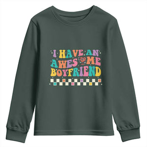 Valentine's Day Youth Sweatshirt I Have An Awesome Boyfriend Ugly Heart Retro Groovy TS09 Dark Forest Green Print Your Wear