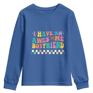 Valentine's Day Youth Sweatshirt I Have An Awesome Boyfriend Ugly Heart Retro Groovy TS09 Royal Blue Print Your Wear