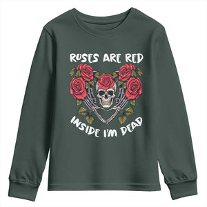 Valentine's Day Youth Sweatshirt Roses are Red Inside I'm Dead Skeleton Heart Shape TS09 Dark Forest Green Print Your Wear