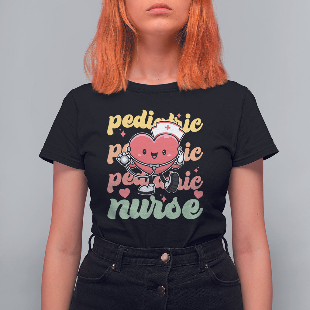 Valentine's Day T Shirt For Women Retro Pediatric Nurse Cute Heart Stethoscope TS09 Black Printyourwear