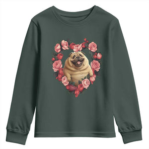 Valentine's Day Youth Sweatshirt My Valentine Is Pug Cute Pet Dog Rose Heart Shape TS09 Dark Forest Green Print Your Wear