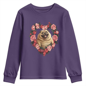 Valentine's Day Youth Sweatshirt My Valentine Is Pug Cute Pet Dog Rose Heart Shape TS09 Purple Print Your Wear