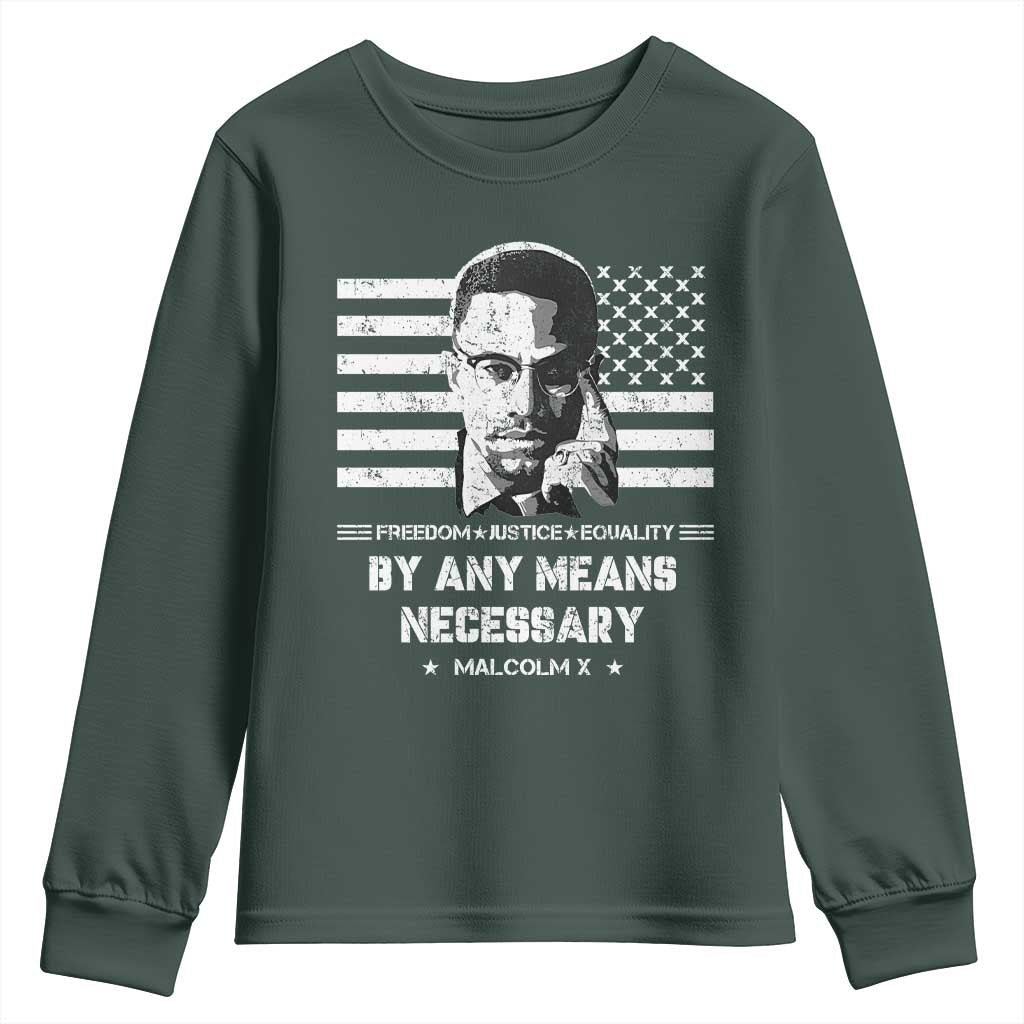 Malcolm X Youth Sweatshirt By Any Means Necessary American Flag TS09 Dark Forest Green Print Your Wear