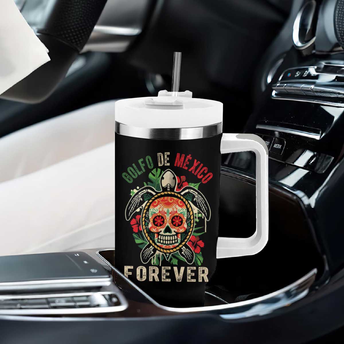 Golfo De Mexico Forever Tumbler With Handle Sea Turtle Mexican Sugar Skull TS09 Print Your Wear