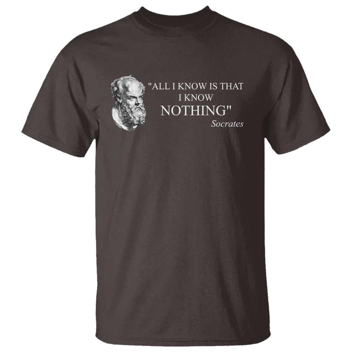 Greek Philosophy Socrates T Shirt - All I Know Is That I Know Nothing Philosophy Wisdom Tee TS09 Dark Chocolate Print Your Wear