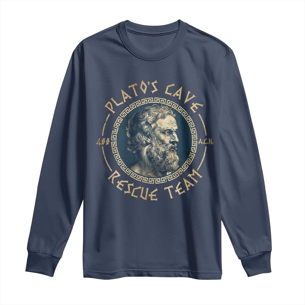 Greek Philosophy Plato Long Sleeve Shirt Platos Cave Rescue Team TS09 Navy Print Your Wear
