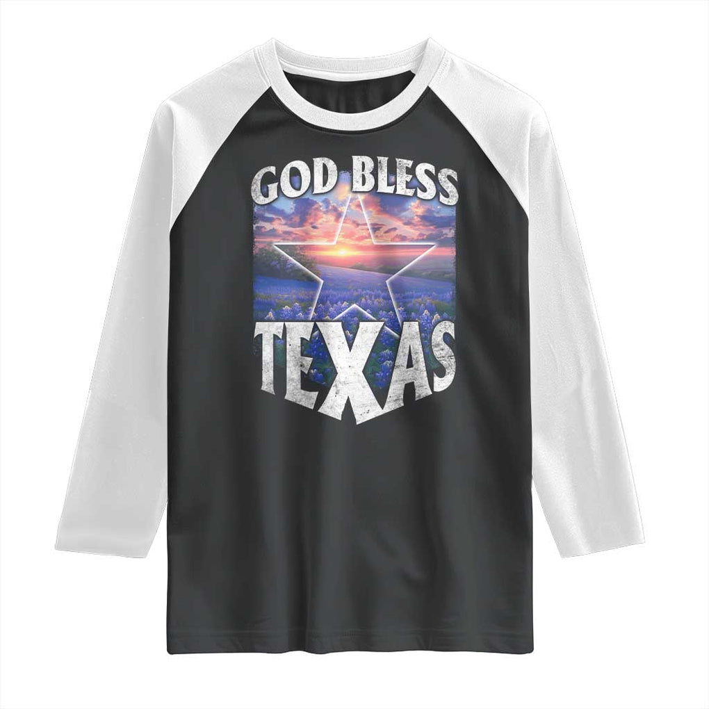 Bluebonnet Field God Bless Texas Raglan Shirt TS09 Black White Print Your Wear