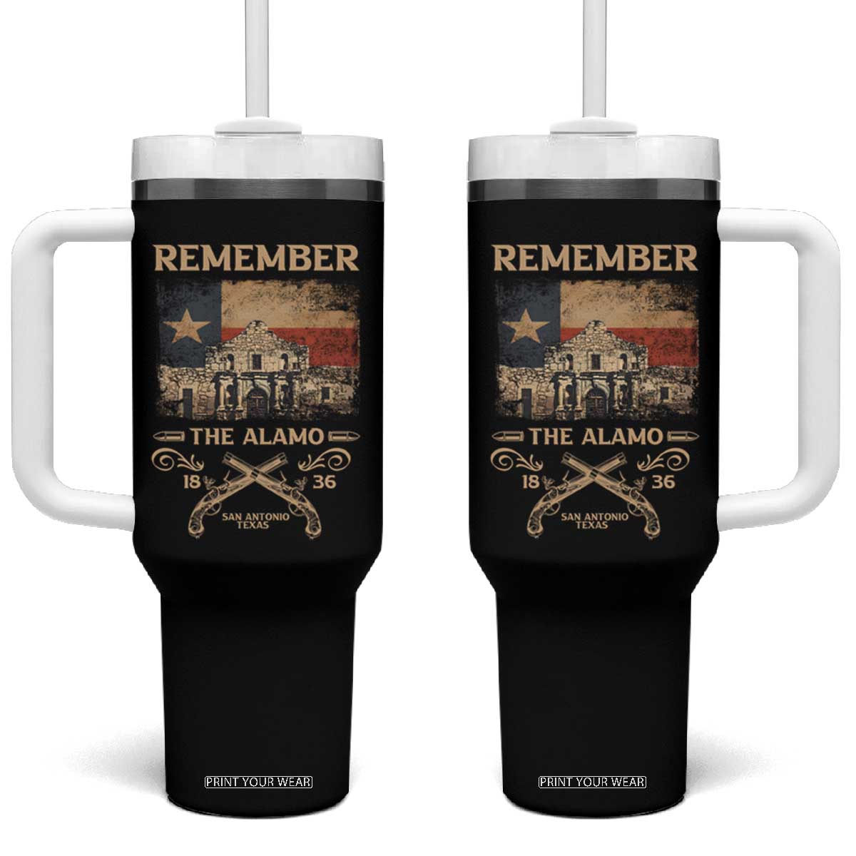 Texas Tumbler With Handle Remember The Alamo San Antonio 1836 TS09 One Size: 40 oz Black Print Your Wear