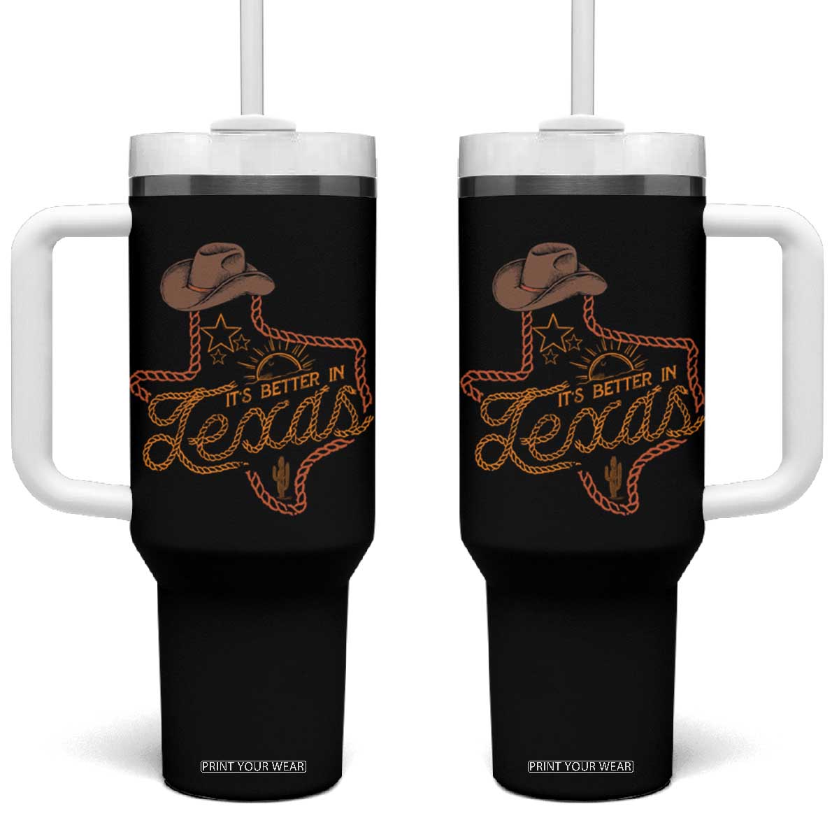 It's Better In Texas Retro Western Cowboy Tumbler With Handle TS09 One Size: 40 oz Black Print Your Wear