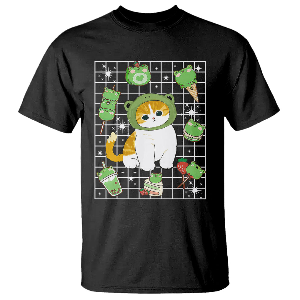 Kawaii Frog Cat in Frog Hat Retro 90s Cottagecore Aesthetic T Shirt TS09 Black Printyourwear