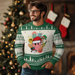 Funny Xmas Ugly Christmas Sweater Retro Groovy Xmas Tree Eye Face Reindeer Snowman Efl TS09 Green Print Your Wear