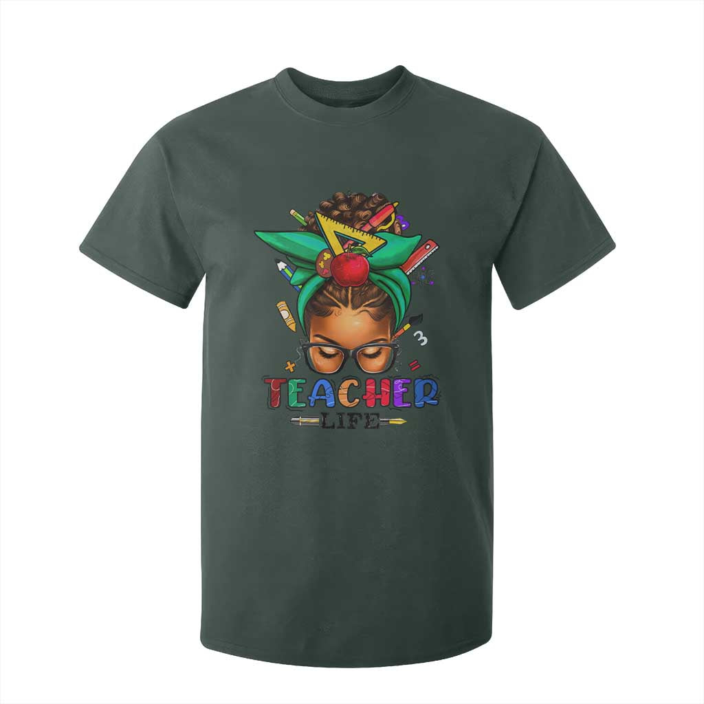 Black Teacher Life T Shirt For Kid Messy Bun African American Educated TS09 Dark Forest Green Print Your Wear