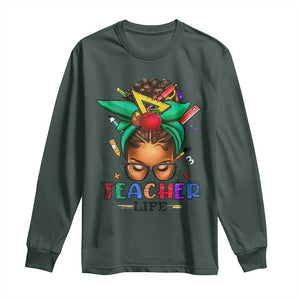 Black Teacher Life Long Sleeve Shirt Messy Bun African American Educated TS09 Dark Forest Green Print Your Wear