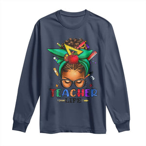 Black Teacher Life Long Sleeve Shirt Messy Bun African American Educated TS09 Navy Print Your Wear