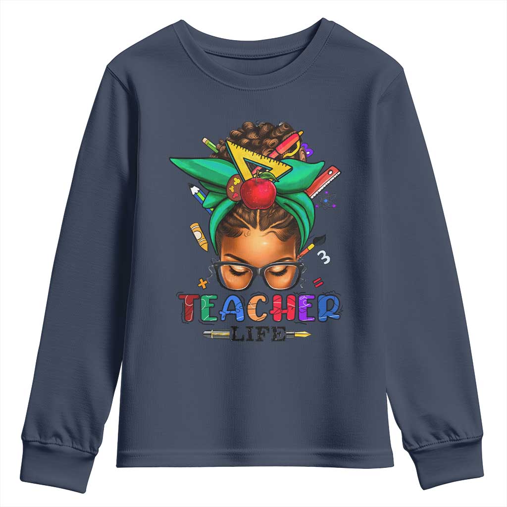 Black Teacher Life Youth Sweatshirt Messy Bun African American Educated TS09 Navy Print Your Wear