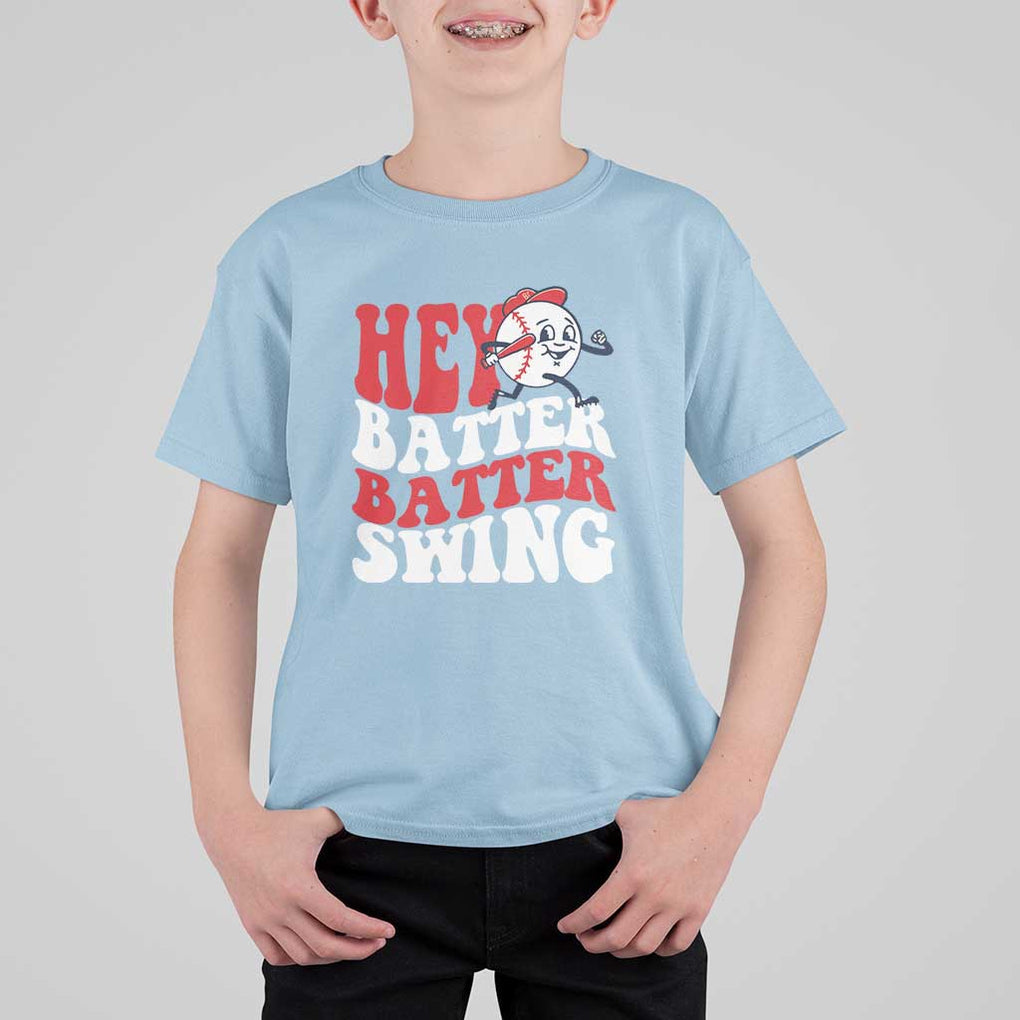 Funny Baseball T Shirt For Kid Hey Batter Swing Groovy TS09 Light Blue Print Your Wear