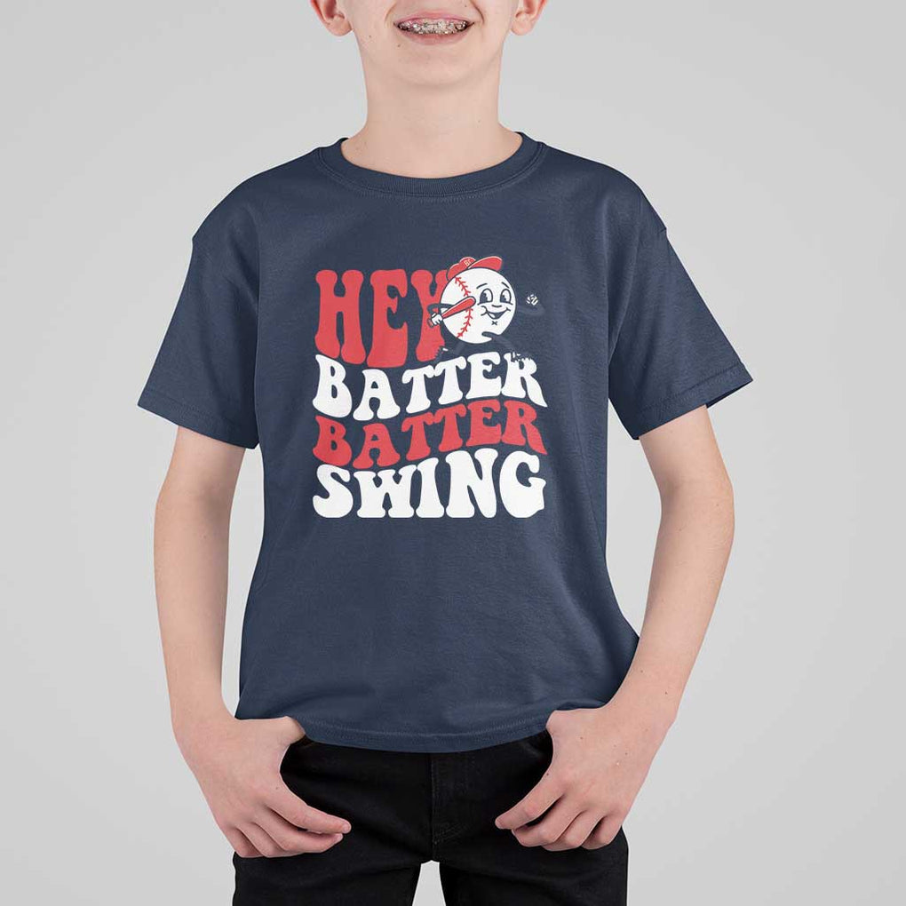 Funny Baseball T Shirt For Kid Hey Batter Swing Groovy TS09 Navy Print Your Wear
