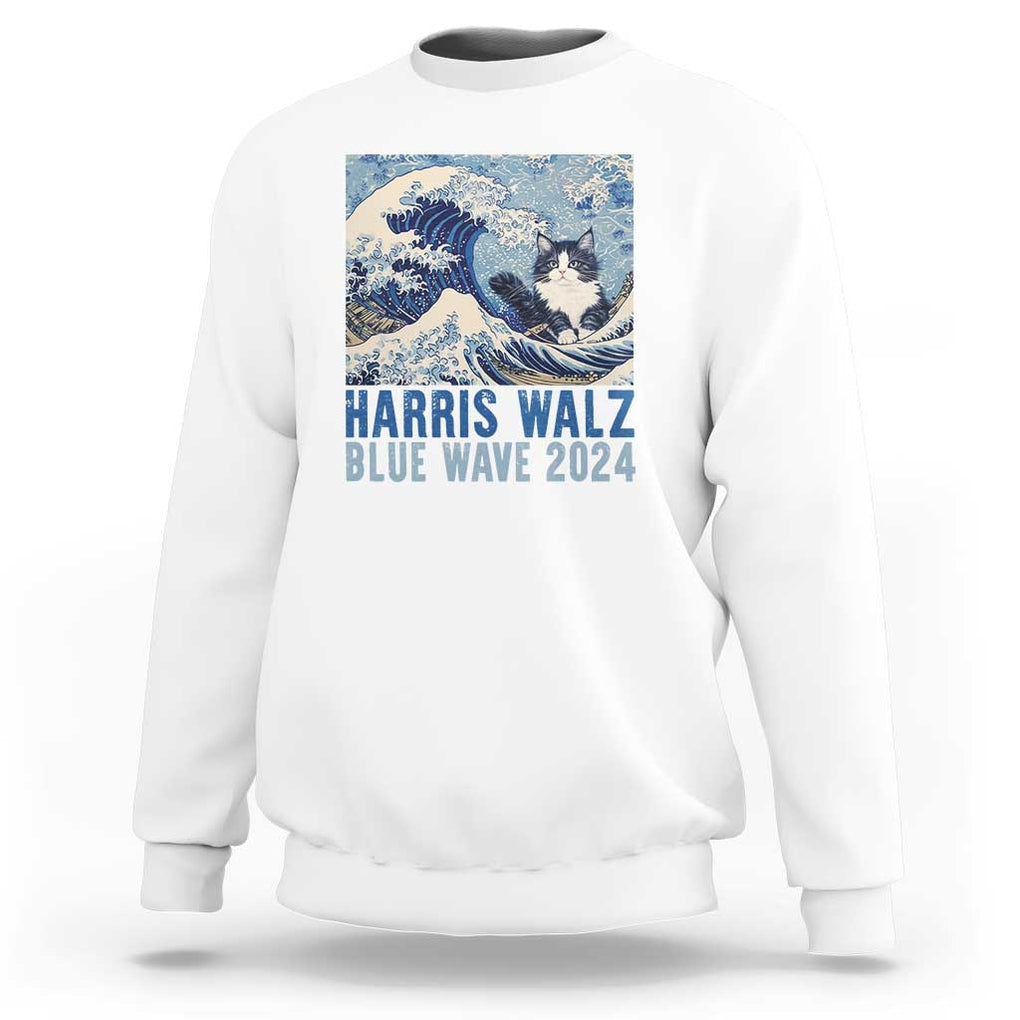 Harris Walz Blue Wave 2024 Sweatshirt Cat Ladies Kamala Funny Cats Wave TS09 White Print Your Wear