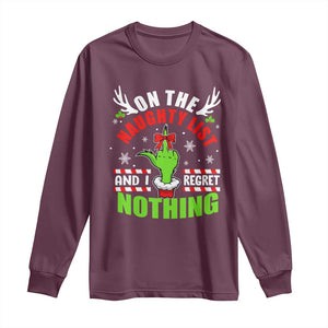 Funny Christmas Long Sleeve Shirt On The List Of Naughty And I Regret Nothing TS09 Maroon Print Your Wear