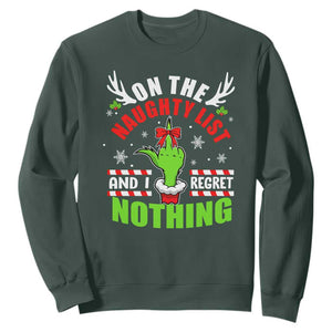 Funny Christmas Sweatshirt On The List Of Naughty And I Regret Nothing TS09 Dark Forest Green Print Your Wear