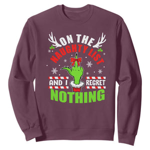 Funny Christmas Sweatshirt On The List Of Naughty And I Regret Nothing TS09 Maroon Print Your Wear