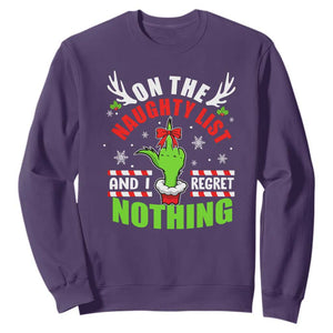 Funny Christmas Sweatshirt On The List Of Naughty And I Regret Nothing TS09 Purple Print Your Wear