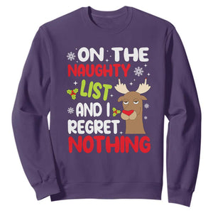 Funny Christmas Sweatshirt On The List Of Naughty And I Regret Nothing Reindeer TS09 Purple Print Your Wear