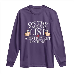 Funny Christmas Long Sleeve Shirt On The List Of Naughty And I Regret Nothing Middle Finger TS09 Purple Print Your Wear