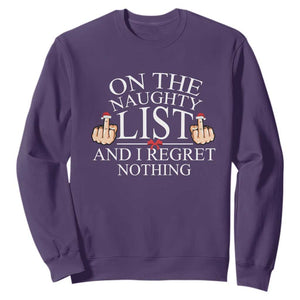 Funny Christmas Sweatshirt On The List Of Naughty And I Regret Nothing Middle Finger TS09 Purple Print Your Wear