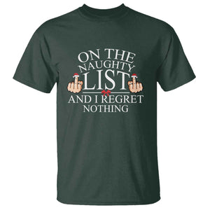 Funny Christmas T Shirt On The List Of Naughty And I Regret Nothing Middle Finger TS09 Dark Forest Green Print Your Wear