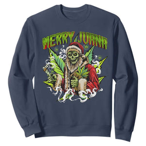 Funny Weed Christmas Sweatshirt Merry Juana Santa Skeleton 420 TS09 Navy Print Your Wear