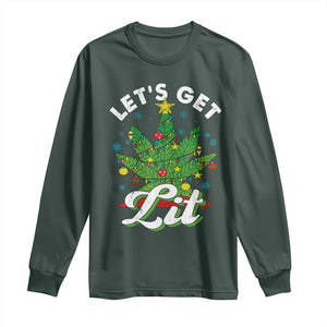 Funny Weed Christmas Long Sleeve Shirt Let's Get Lit Christmas Tree Cannabis TS09 Dark Forest Green Print Your Wear