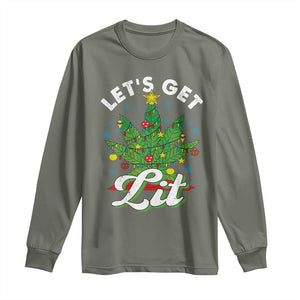 Funny Weed Christmas Long Sleeve Shirt Let's Get Lit Christmas Tree Cannabis TS09 Military Green Print Your Wear