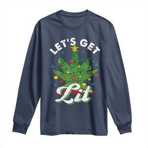 Funny Weed Christmas Long Sleeve Shirt Let's Get Lit Christmas Tree Cannabis TS09 Navy Print Your Wear