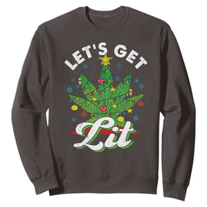 Funny Weed Christmas Sweatshirt Let's Get Lit Christmas Tree Cannabis TS09 Dark Chocolate Print Your Wear