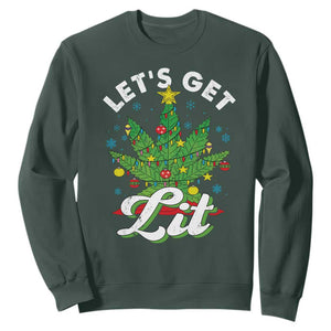 Funny Weed Christmas Sweatshirt Let's Get Lit Christmas Tree Cannabis TS09 Dark Forest Green Print Your Wear