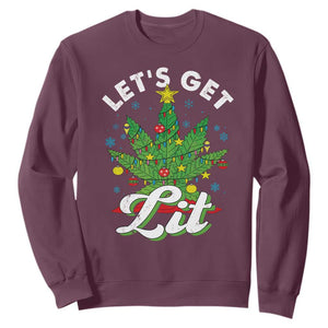 Funny Weed Christmas Sweatshirt Let's Get Lit Christmas Tree Cannabis TS09 Maroon Print Your Wear