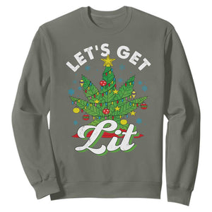 Funny Weed Christmas Sweatshirt Let's Get Lit Christmas Tree Cannabis TS09 Military Green Print Your Wear