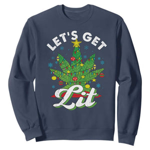 Funny Weed Christmas Sweatshirt Let's Get Lit Christmas Tree Cannabis TS09 Navy Print Your Wear