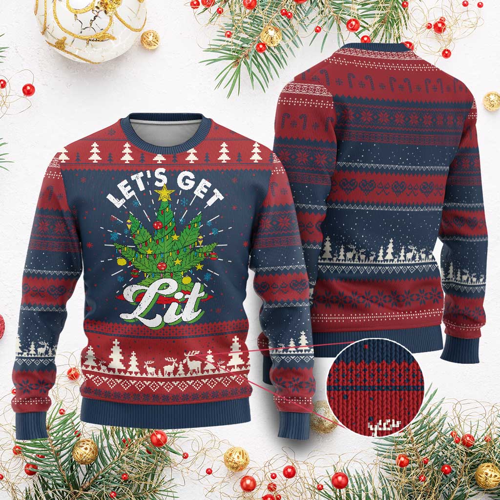 Funny Weed Xmas Ugly Christmas Sweater Let's Get Lit Christmas Tree Cannabis TS09 Burgundy Print Your Wear