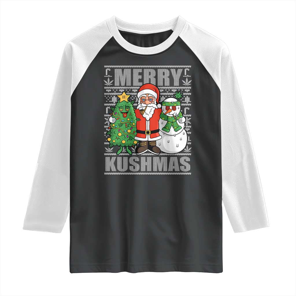 Funny Weed Christmas Raglan Shirt Merry Kushmas Naughty Santa Snowman Cannabis 420 TS09 Black White Print Your Wear
