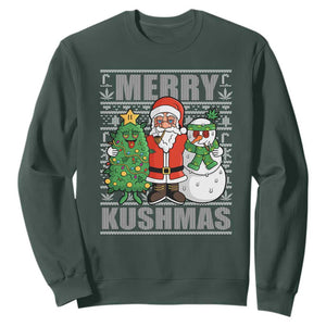 Funny Weed Christmas Sweatshirt Merry Kushmas Naughty Santa Snowman Cannabis 420 TS09 Dark Forest Green Print Your Wear