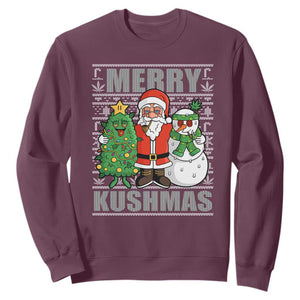 Funny Weed Christmas Sweatshirt Merry Kushmas Naughty Santa Snowman Cannabis 420 TS09 Maroon Print Your Wear