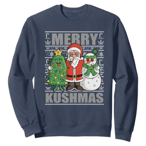 Funny Weed Christmas Sweatshirt Merry Kushmas Naughty Santa Snowman Cannabis 420 TS09 Navy Print Your Wear